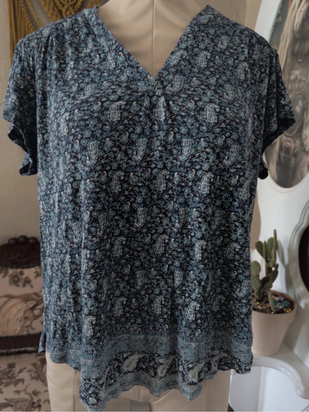 Lucky Brand Navy Paisley V-Neck Short Sleeve Blouse
